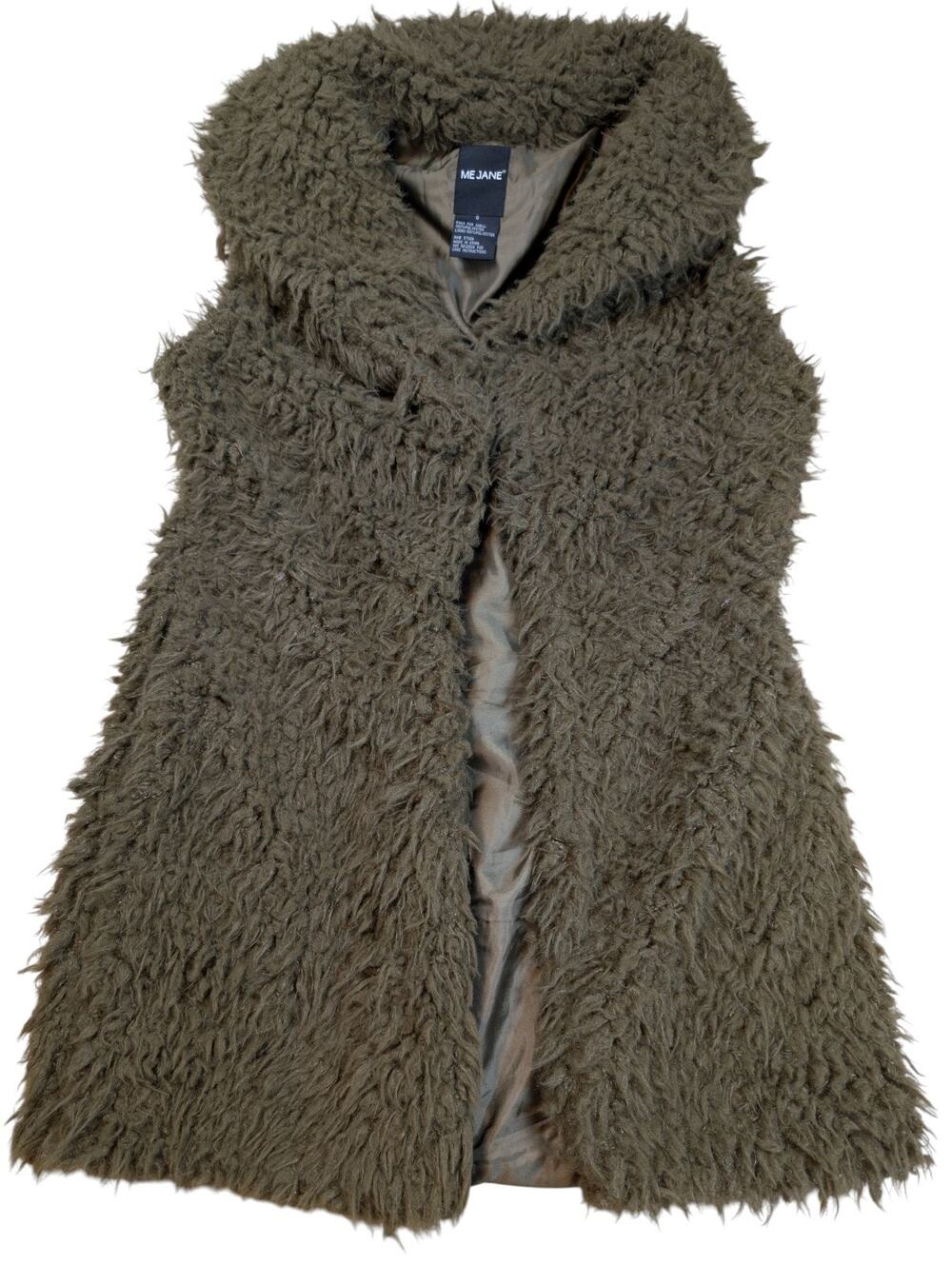 Me Jane Olive Green Open Faux Fur Sherpa Long Hair Vest Sz S Boho Fallfashion